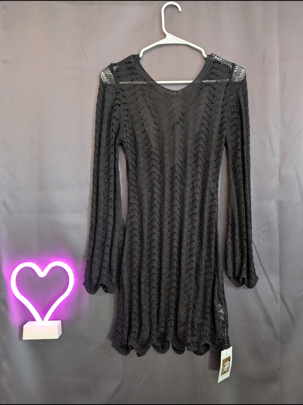 Black Crochet Swim Coverup Dress with Long Sleeves Mini Scalloped Lace Up Back